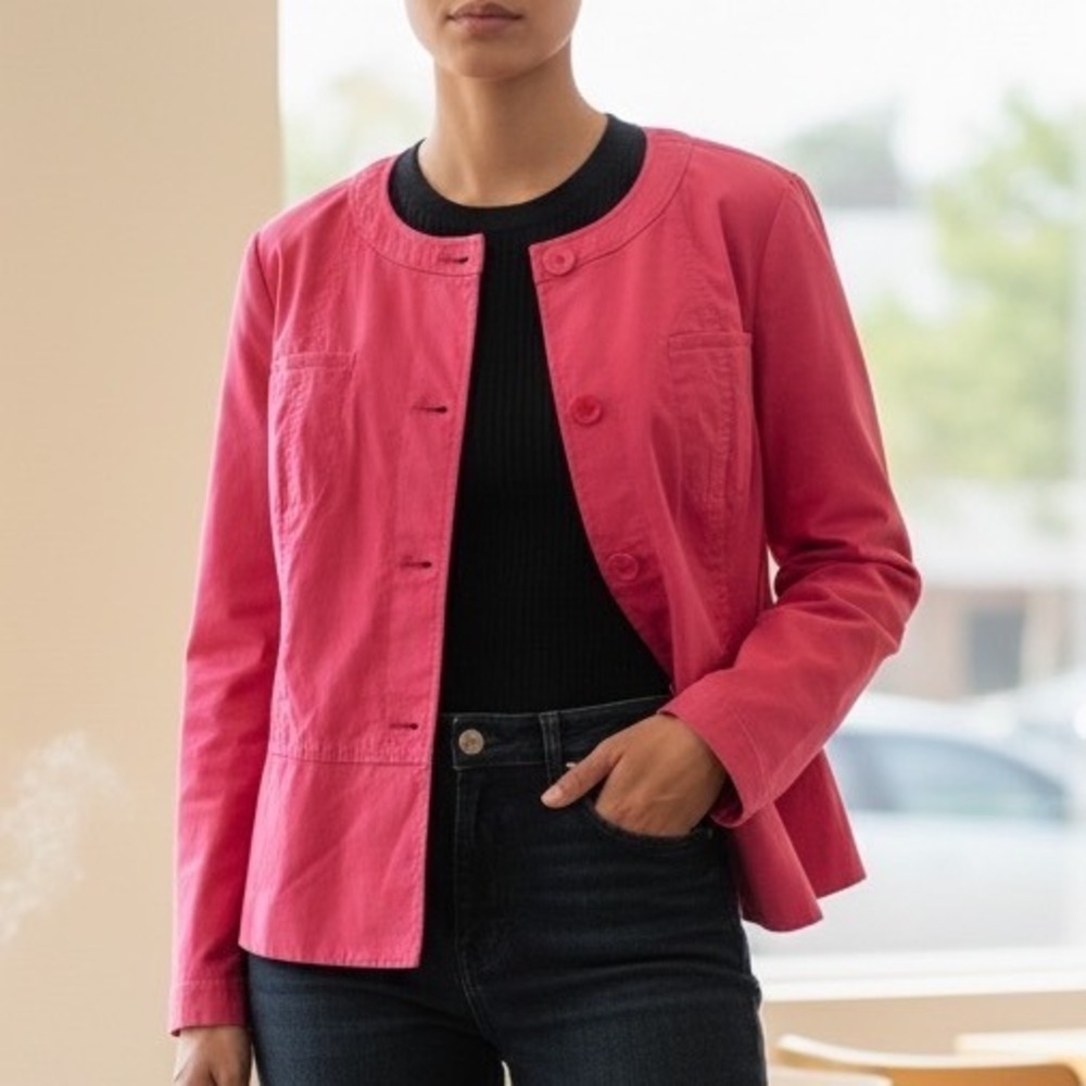 Talbots Womens Pink Button Front Denim Like Jacket Blazer Sz 18‎ Designer Ligh
